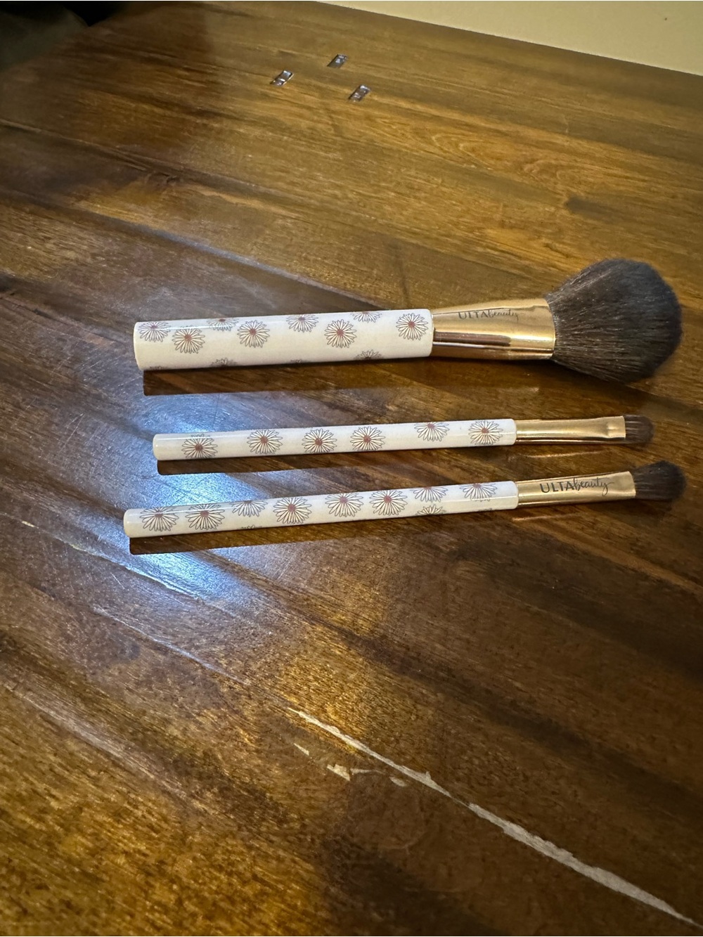 Ulta Beauty White Floral Makeup Brush Trio with Gold Ferrules